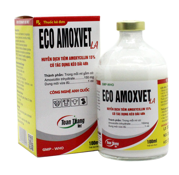 ECO AMOXVET LA - HUYỄN DỊCH TIÊM AMOXICILLIN 15%  CÓ TÁC DỤNG KÉO DÀI 48 GIỜ