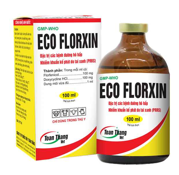 ECO FLORXIN -  ĐẶC TRỊ BỆNH ĐƯỜNG HÔ HẤP  NHIỄM KHUẨN KẾ PHÁT TAI XANH ( PRRS)